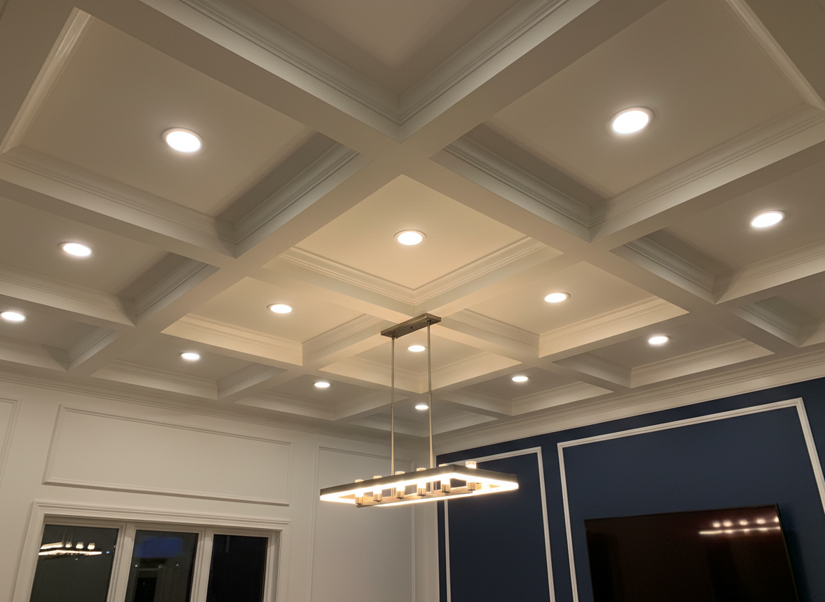 An elegant Glendale living room ceiling and lighting upgrade, focusing on a flawlessly installed coffered ceiling painted in a soft, warm white, with precisely aligned recessed lights and a contemporary, brushed nickel linear chandelier. The photograph is taken from a slightly low angle, emphasizing the crisp intersections of beams and the shadow play created by the layered ceiling detail. Indirect evening lighting casts a gentle, ambient glow that highlights the smoothness of the drywall and the meticulous caulking at every joint. The background shows a hint of a freshly painted accent wall and crown molding, all in sharp, realistic detail, conveying refined craftsmanship and a sophisticated, elevated home interior feel.