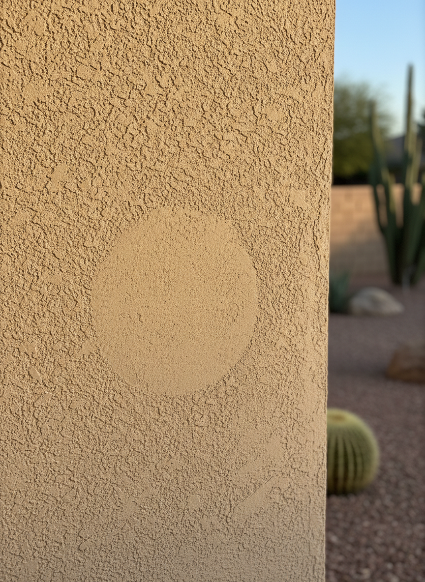 A detailed close-up of high-quality home repair work on a Glendale stucco exterior wall, showing a perfectly blended patch where previous damage has been expertly filled, textured, and painted to match the existing warm sand-colored finish. The camera focuses tightly on the transition area, revealing the subtle grain of the stucco and uniform color depth. Late afternoon desert sunlight casts gentle side lighting, emphasizing texture without harsh contrast. In the softly blurred background, a neatly trimmed gravel yard and desert plants are visible. The composition uses shallow depth of field to dramatize the repaired section, creating a calm, confident mood that highlights precision, durability, and sophisticated attention to detail in exterior home maintenance.