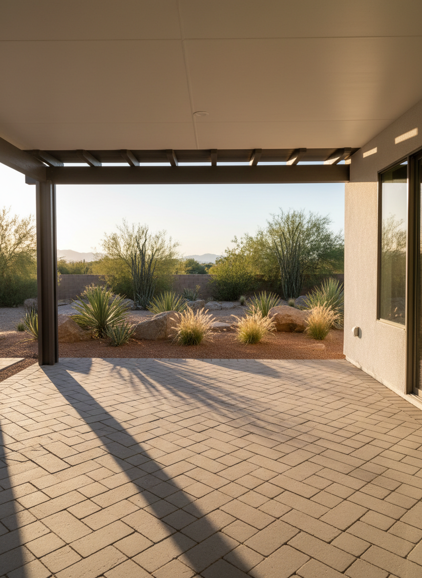 A refined Phoenix-area backyard makeover showcasing a newly installed covered patio with smooth, light-gray pavers laid in a flawless herringbone pattern, meeting a crisp stucco wall in perfect straight lines. A dark wood pergola extension casts elegant geometric shadows across the patio surface under the warm, golden hour Arizona sun. In the background, low-water desert landscaping features carefully arranged boulders, agave, and native grasses, all sharply defined in photographic realism. The wide-angle, eye-level composition frames the patio as the center of the scene, emphasizing symmetry, clean edges, and the polished look of professional outdoor home improvement, creating an inviting yet sophisticated desert oasis atmosphere.