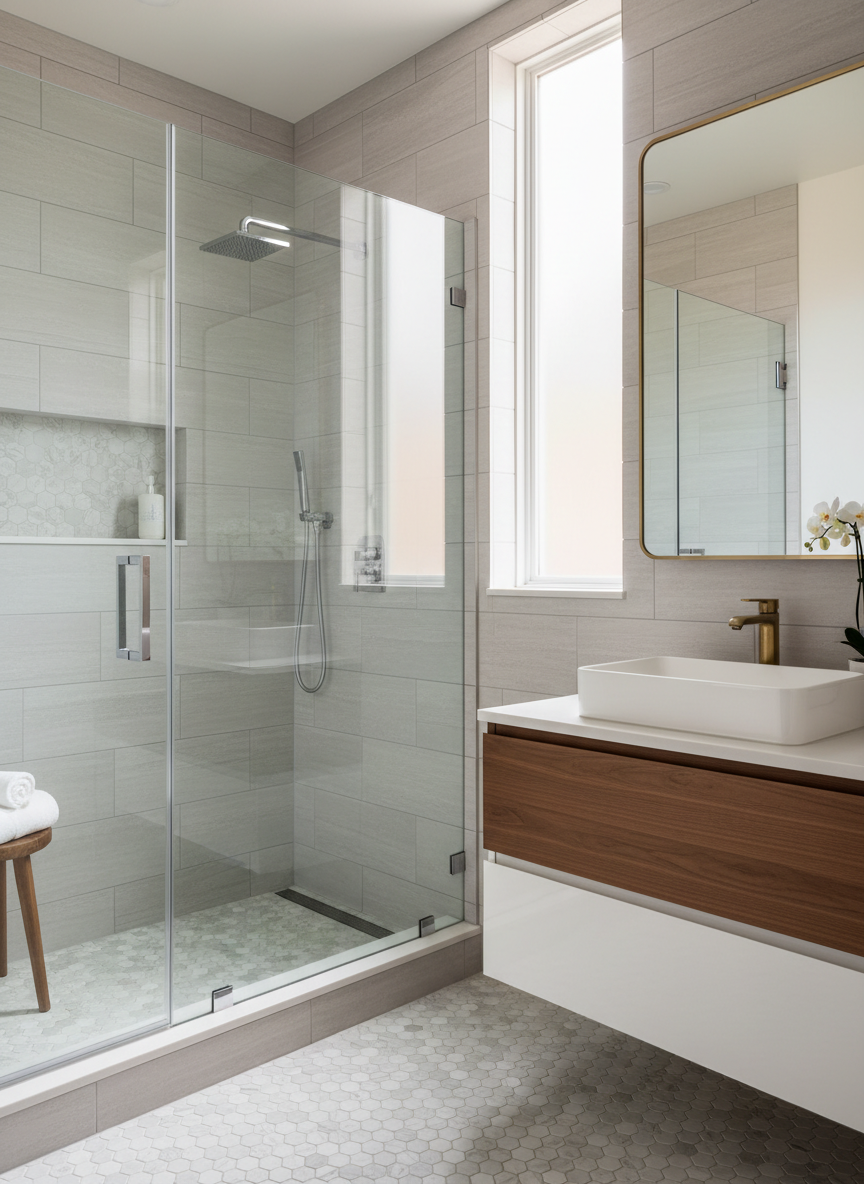 A sunlit Glendale bathroom upgrade featuring a sparkling frameless glass shower enclosure, newly tiled walls in large-format stone-look porcelain, and a meticulously grouted hexagon tile floor. A floating vanity in rich walnut veneer supports a white rectangular vessel sink with a sleek brushed brass faucet. Natural light streams in through a frosted window, creating gentle reflections on the polished chrome shower fixtures and a soft glow on the mirror. The composition is shot at a three-quarter angle to reveal both the shower and vanity, with crisp, photographic realism and sharp focus on the fine craftsmanship: aligned tiles, smooth caulk lines, and seamless transitions between materials, conveying a serene, spa-like and sophisticated atmosphere.