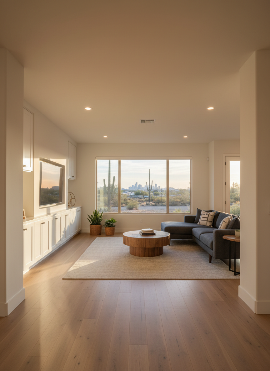 A beautifully remodeled open-concept living room in a contemporary Glendale home, showcasing fresh, smooth off-white walls, flawlessly installed wide-plank oak flooring, and elegant recessed lighting. A large picture window reveals a hint of desert landscaping and distant Phoenix skyline silhouettes. The room features custom-built white shaker cabinetry around a sleek, wall-mounted flat screen niche, and expertly aligned baseboards and trim. Warm late-afternoon Arizona sunlight floods the space, creating soft, elongated shadows and a calm, sophisticated mood. Photographed at eye level with sharp focus throughout, the composition emphasizes clean lines, perfect finishes, and a sense of order, highlighting professional home improvement craftsmanship in a realistic, magazine-quality style.