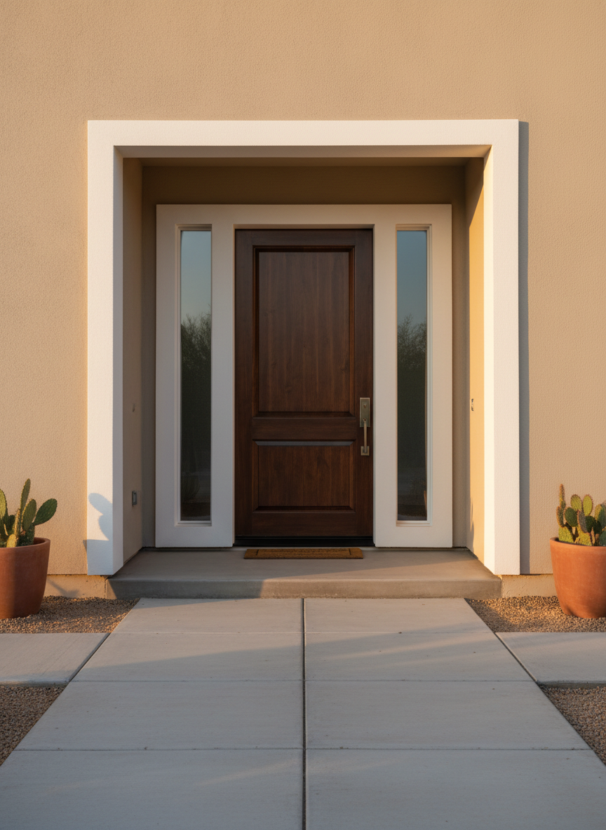 A polished Phoenix-area entryway transformation, with a new solid wood front door in a dark walnut stain, featuring crisply routed panels and a sleek satin-bronze handle set. Surrounding the door, freshly installed white trim meets a smooth, sand-colored stucco exterior with precise, straight seams. The ground showcases large, evenly spaced rectangular concrete pavers leading to the threshold. Warm, late-afternoon sunlight grazes across the surfaces, creating soft, elongated shadows and a welcoming but upscale atmosphere. Captured in photographic realism from a straight-on eye-level view, the image emphasizes symmetry, perfect alignment, and the subtle contrast between textures, reflecting meticulous home improvement work that instantly elevates curb appeal.