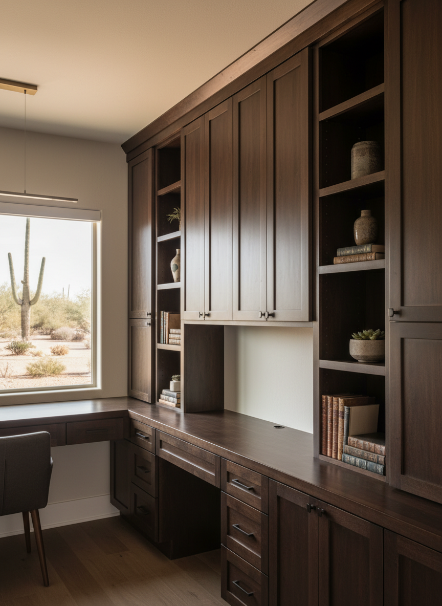 A sophisticated Phoenix home office conversion, featuring a built-in wall of custom cabinetry in a rich, deep espresso finish, with perfectly aligned doors, soft-close drawers, and integrated open shelving. A wide, sturdy built-in desk surface in matching wood grain stretches beneath a large window that reveals a subtle glimpse of desert landscaping. Soft midday natural light pours in, enhanced by a minimalist ceiling fixture that adds a warm top glow. The eye-level composition uses rule-of-thirds framing, showing the length of the cabinetry and the clean junctions with freshly painted walls and baseboards. Photographic realism highlights every edge, hinge, and joinery detail, creating an atmosphere of calm productivity and understated sophistication that demonstrates high-end interior remodeling.
