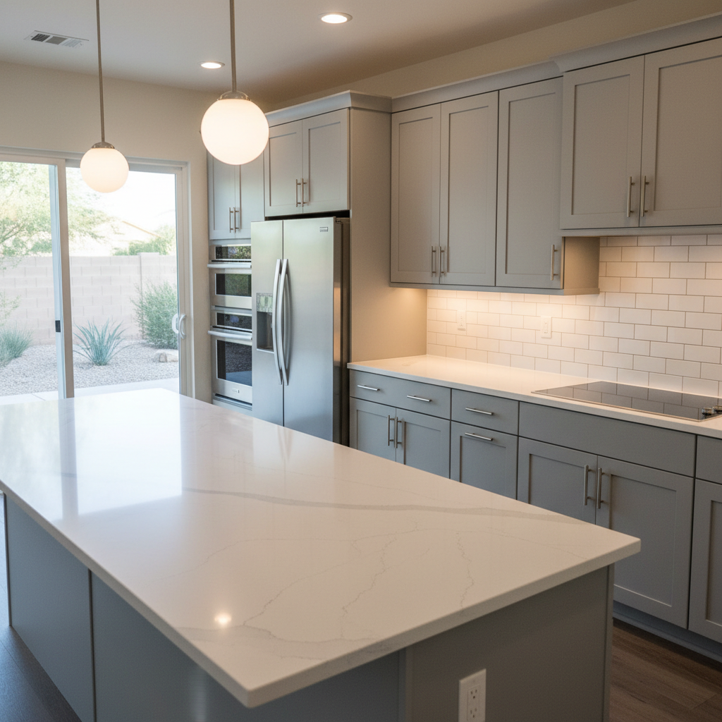 A modern Phoenix-area kitchen transformation, featuring a long quartz island with subtle veining, perfectly aligned cabinet doors in a matte dove-gray finish, and brushed nickel hardware that catches the light. Under-cabinet LED strips cast a refined glow on a pristine white subway tile backsplash with precisely spaced grout lines. Stainless steel appliances sit flawlessly integrated between newly installed shaker cabinets. Soft, diffused daylight enters through a nearby sliding glass door, hinting at a xeriscaped backyard, while pendant lights add warm highlights. Captured from a slightly elevated angle, the photographic realism showcases straight sightlines, level surfaces, and impeccable detailing, evoking a sophisticated, orderly atmosphere that communicates high-end kitchen renovation expertise.